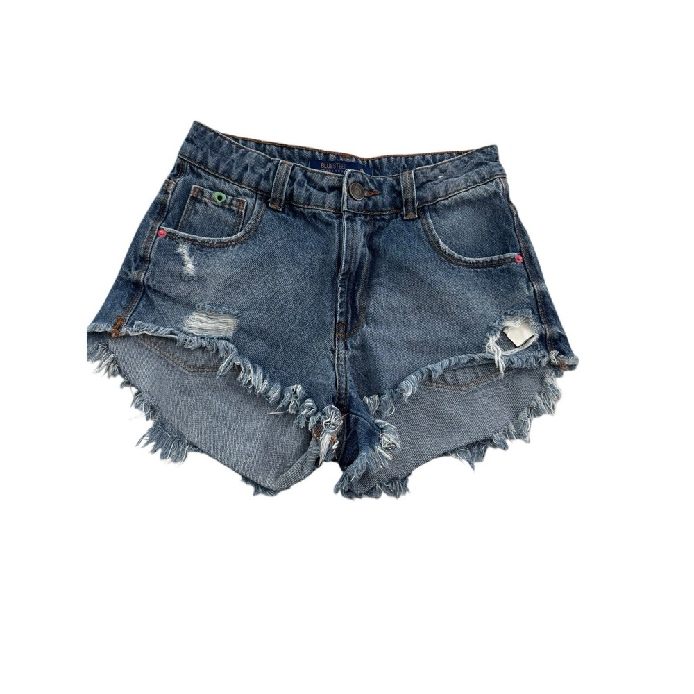 Blue Steel Denim Shorts Womens 34 Blue Distressed High Rise Frayed Cutoff Brazil